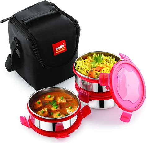 Cello Max Fresh Stainless Steel Lunch Box Set 475ml Set of 3 Red